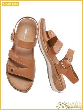 Womens Faux Leather Flat Sandals with Arch Support Adjustable Comfy Walking